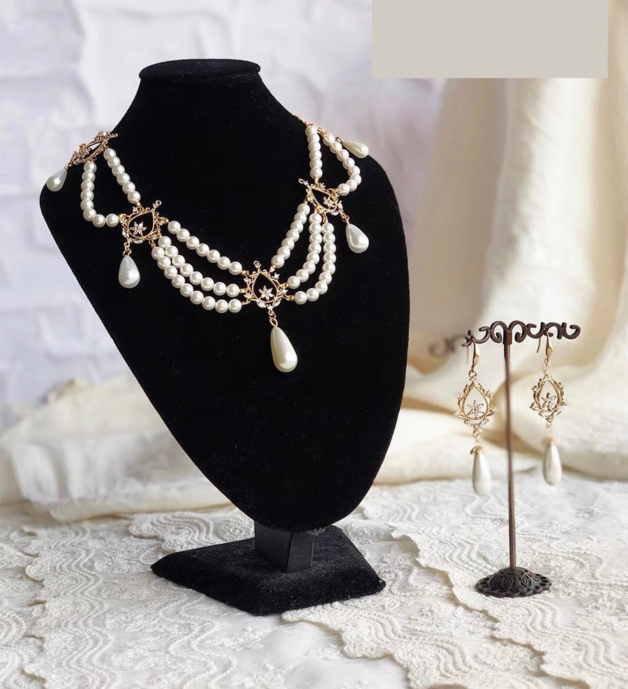 Handmade Prom Pearl Floral Necklace / Earrings - Regency Era Style Multi-strand - WonderlandByLilian