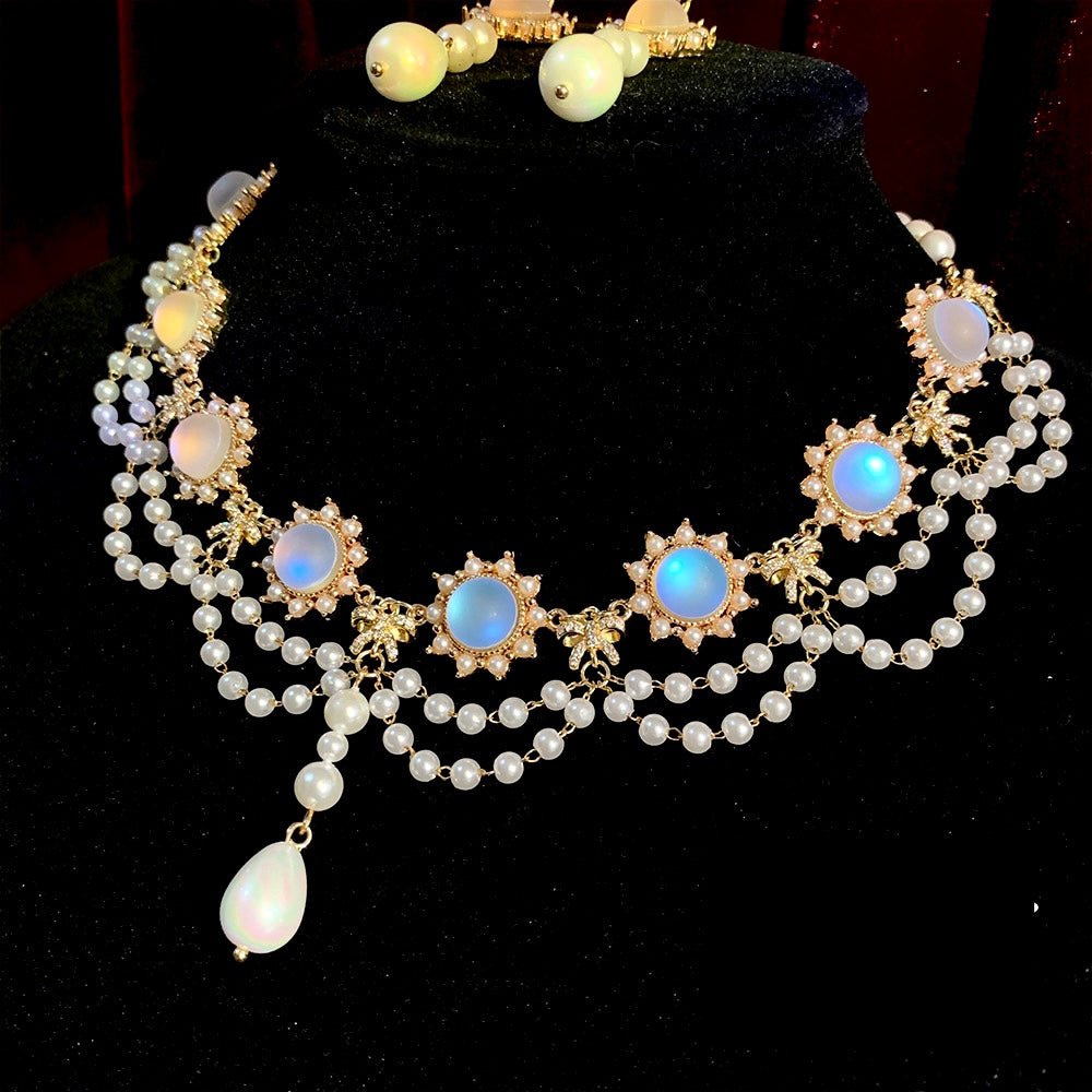 Handmade Prom Pearl Necklace With Moonstone - Regency Era Style Multi-strand - WonderlandByLilian