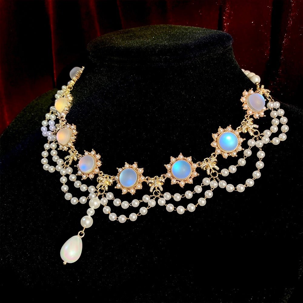 Handmade Prom Pearl Necklace With Moonstone - Regency Era Style Multi-strand - WonderlandByLilian