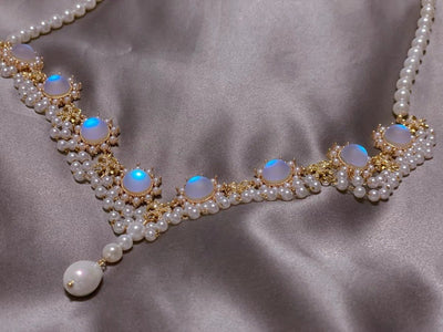 Handmade Prom Pearl Necklace With Moonstone - Regency Era Style Multi-strand - WonderlandByLilian