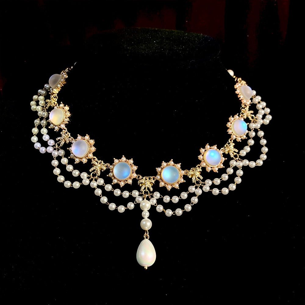 Handmade Prom Pearl Necklace With Moonstone - Regency Era Style Multi-strand - WonderlandByLilian