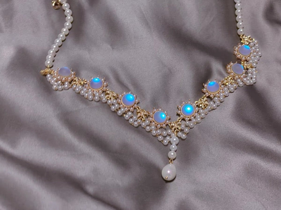 Handmade Prom Pearl Necklace With Moonstone - Regency Era Style Multi-strand - WonderlandByLilian