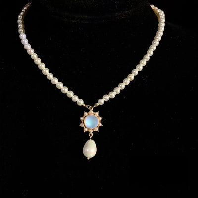 Handmade Prom Pearl Necklace With Moonstone - Regency Era Style Single-strand - WonderlandByLilian