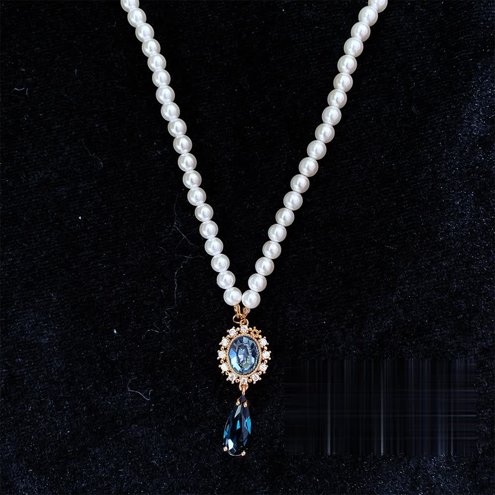 Handmade Regency Era Pearl Necklace With Blue Gemstone - WonderlandByLilian