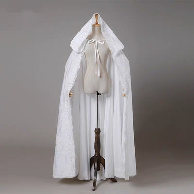 Ivory Long Wedding Cloak With Lace Trim - WonderlandByLilian