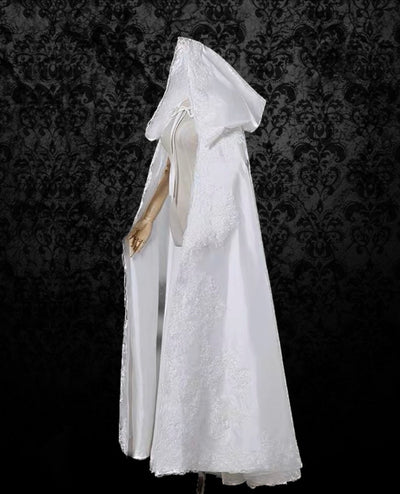 Ivory Long Wedding Cloak With Lace Trim - WonderlandByLilian