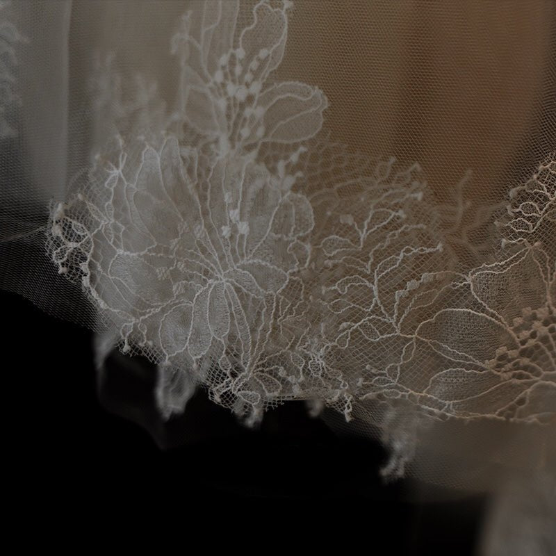Lace Edged Bridal Blusher Veil With Embroidery - Waltz Wedding Veil - WonderlandByLilian