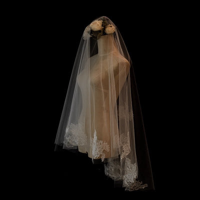 Lace Edged Bridal Blusher Veil With Embroidery - Waltz Wedding Veil - WonderlandByLilian