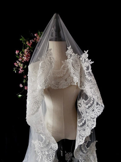 Lace Edged Veil For Vintage Bridal Dress - Cathedral-Length - WonderlandByLilian