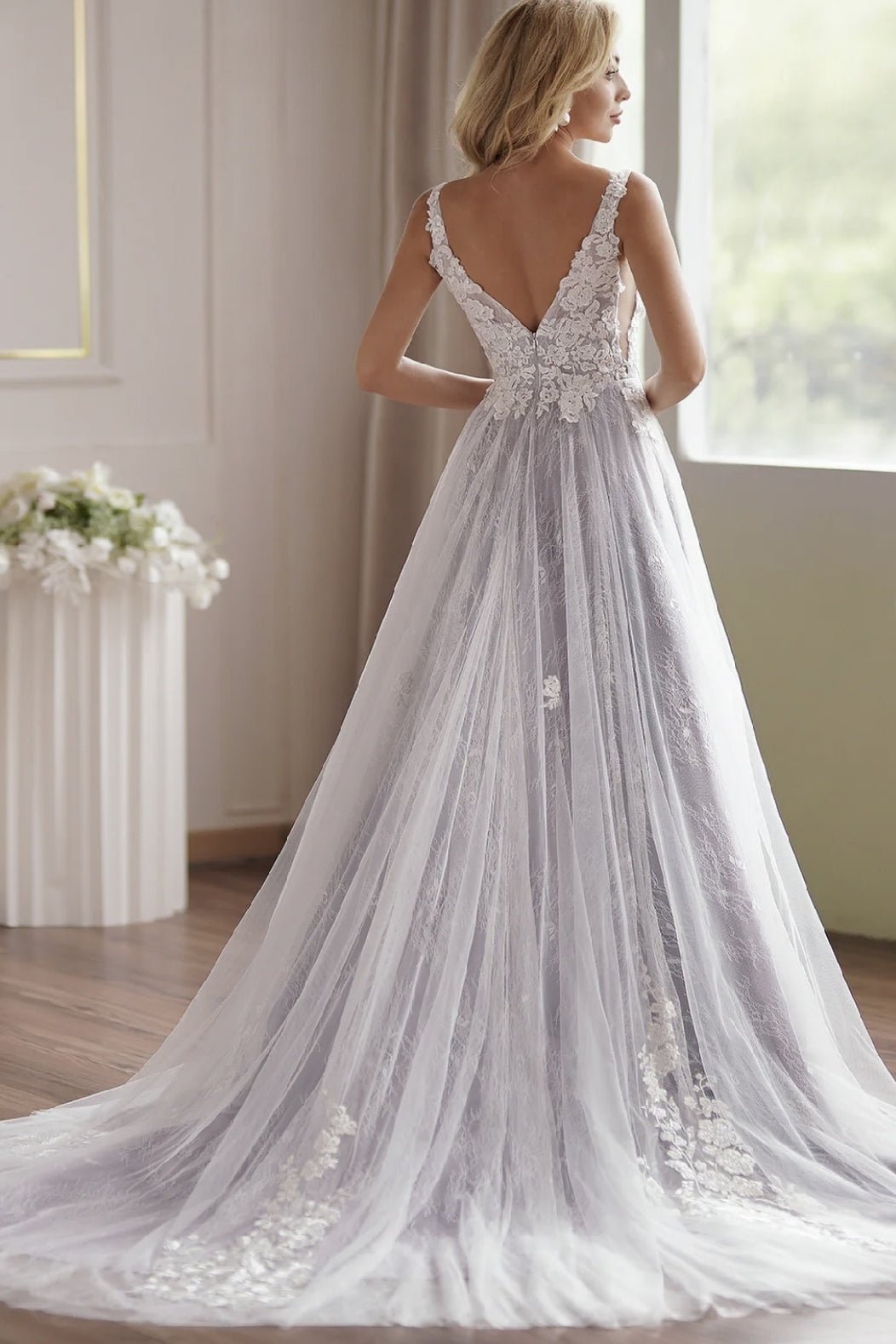Lavender Plunging-V Beaded Straps Lace Embroidery Wedding Dress - Plus Size Lavender Plunging-V Beaded Straps Lace Embroidery Wedding Dress - Plus Size