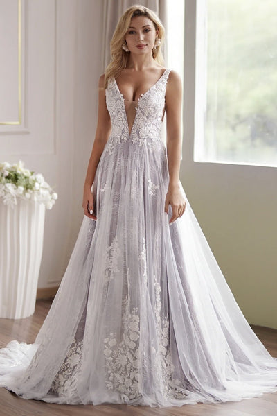 Lavender Plunging-V Beaded Straps Lace Embroidery Wedding Dress