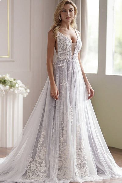 Lavender Plunging-V Beaded Straps Lace Embroidery Wedding Dress - Plus Size - WonderlandByLilian