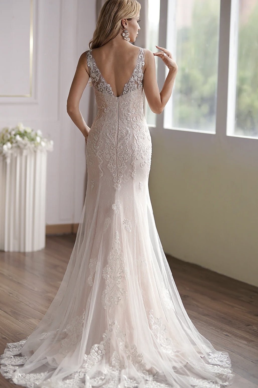 Luxurious Blush V-Neck Embroidery Straps Sleeveless Beaded Mermaid Bridal Gown - WonderlandByLilian