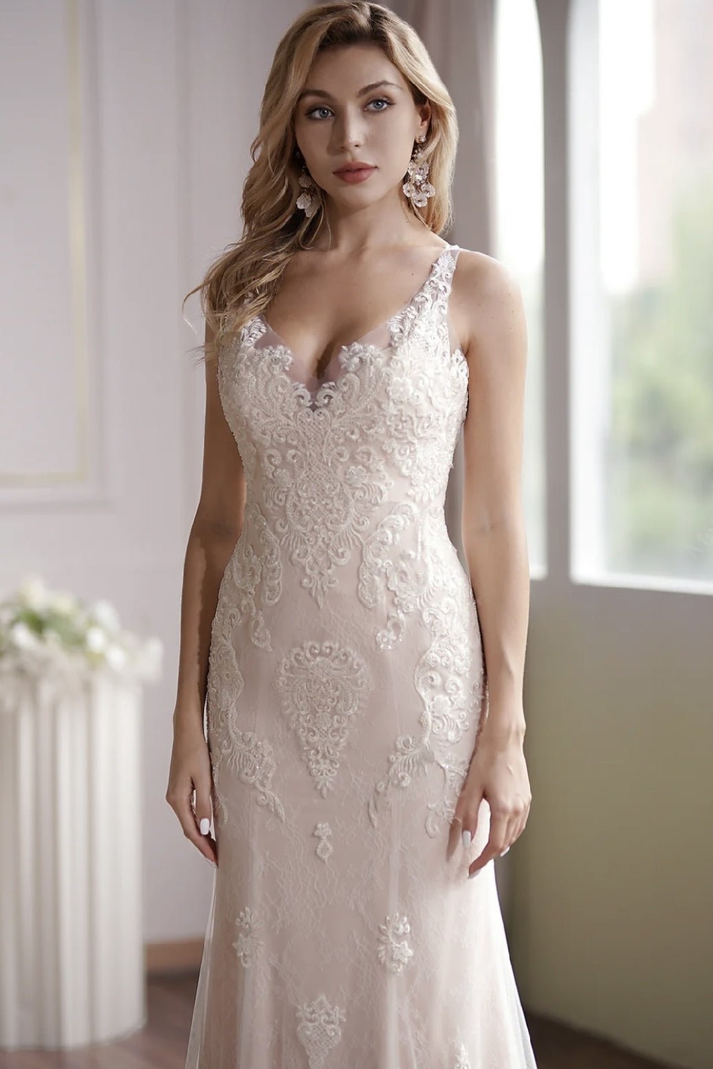 Luxurious Blush V-Neck Embroidery Straps Sleeveless Beaded Mermaid Bridal Gown - WonderlandByLilian