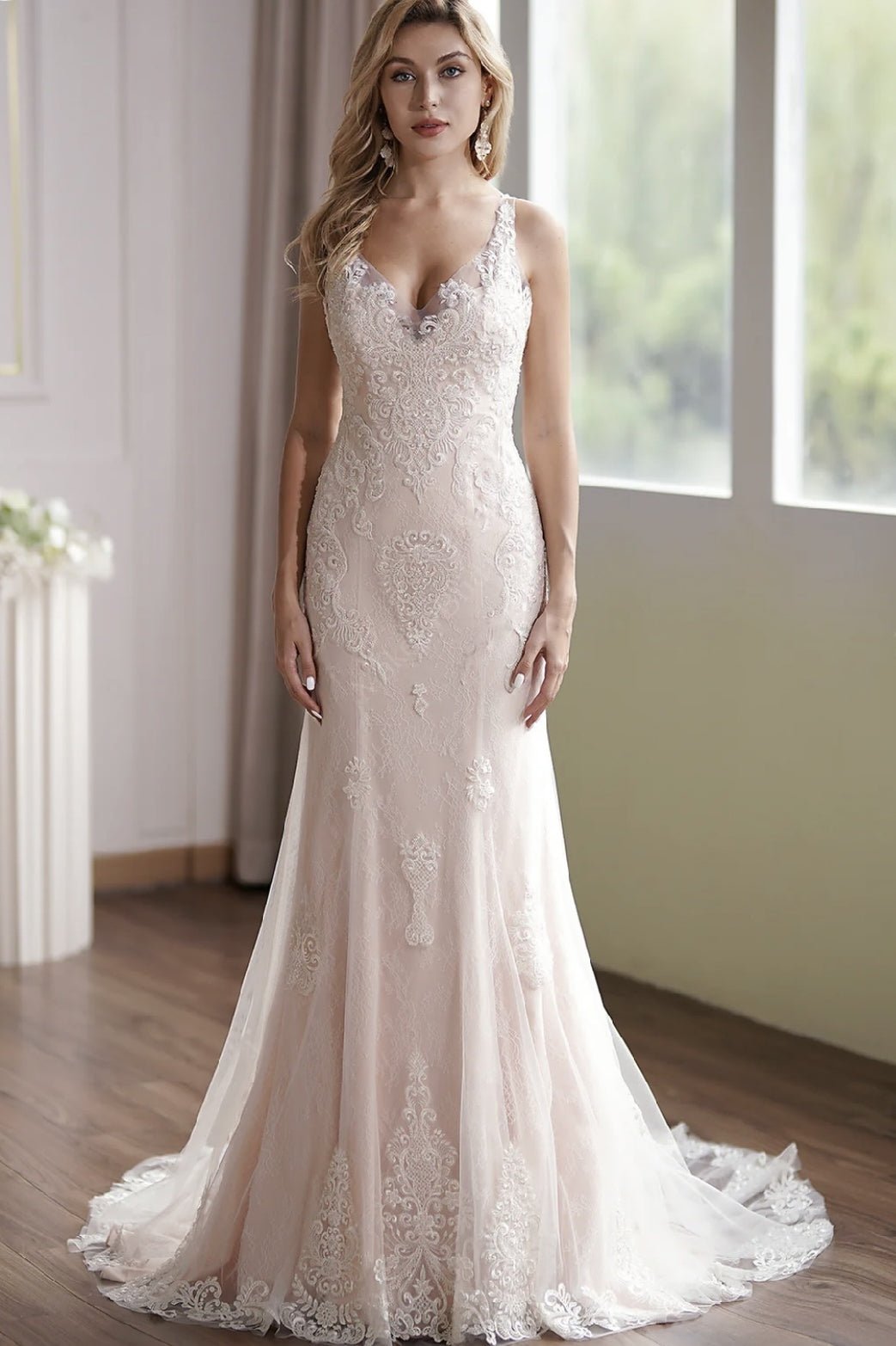 Luxurious Blush V-Neck Embroidery Straps Sleeveless Beaded Mermaid Bridal Gown - WonderlandByLilian