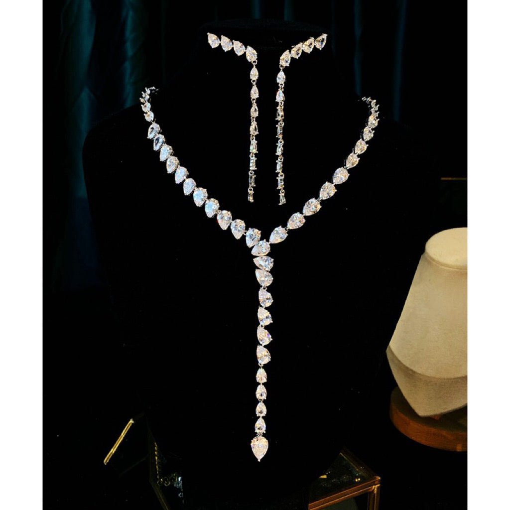 Luxurious Zircon-Encrusted Y-Shaped Necklace and Earrings Jewelry Set - WonderlandByLilian