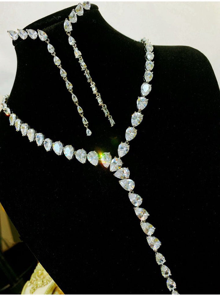 Luxurious Zircon-Encrusted Y-Shaped Necklace and Earrings Jewelry Set - WonderlandByLilian