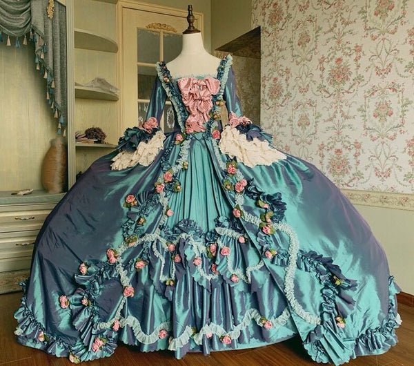 LUXURY ANTIQUE BAROQUE STYLE EMERALD SATIN WEDDING DRESS WITH FLORAL LONG SLEEVES - 1800 BALL GOWN Size 4 / EMERALD / NO FLORAL LUXURY ANTIQUE BAROQUE STYLE EMERALD SATIN WEDDING DRESS WITH FLORAL LONG SLEEVES - 1800 BALL GOWN Size 4 / EMERALD / NO FLORAL