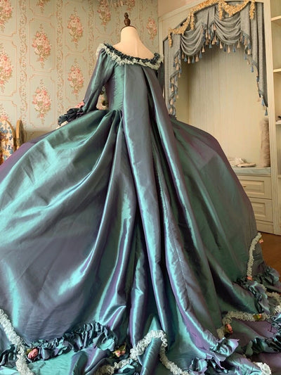 LUXURY ANTIQUE BAROQUE STYLE EMERALD SATIN WEDDING DRESS WITH FLORAL LONG SLEEVES - 1800 BALL GOWN - WonderlandByLilian