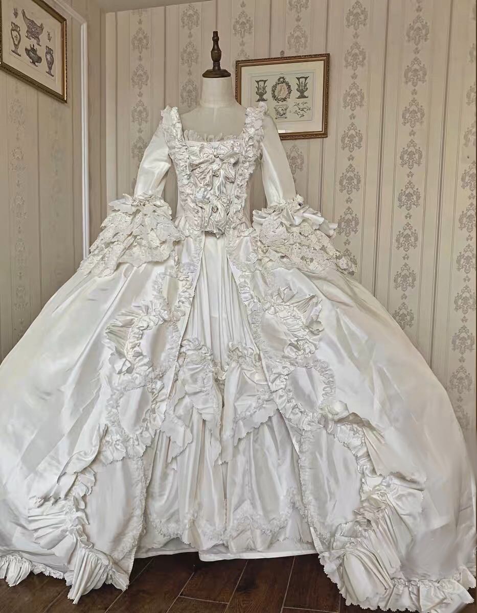 LUXURY ANTIQUE BAROQUE STYLE SATIN WEDDING DRESS WITH FLORAL LONG SLEEVES - 1800 BALL GOWN - WonderlandByLilian