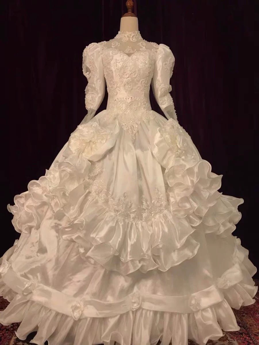Luxury Antique White Modest Wedding Dress With Floral Satin - Vintage Lace Wedding Dress - Plus Size - WonderlandByLilian