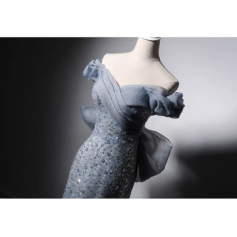 Luxury Blue Off-shoulder Beaded Mermaid Formal Dress With Sequins - Evening Gown Plus Size - WonderlandByLilian
