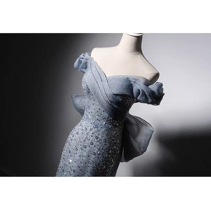 Luxury Blue Off-shoulder Beaded Mermaid Formal Dress With Sequins - Evening Gown Plus Size - WonderlandByLilian