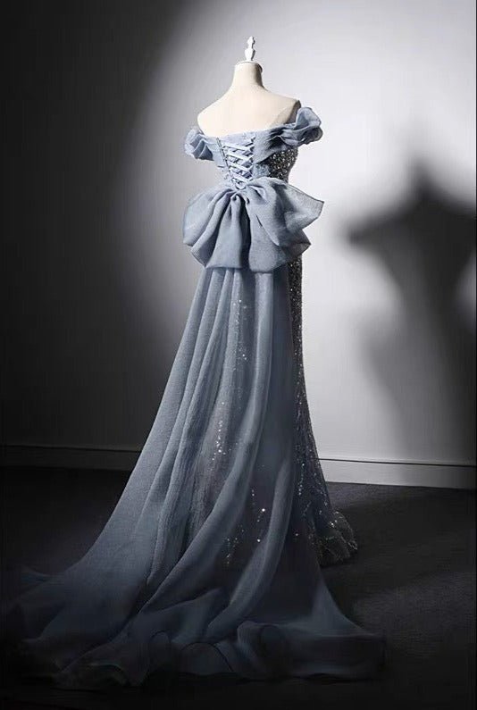 Luxury Blue Off-shoulder Beaded Mermaid Formal Dress With Sequins - Evening Gown Plus Size - WonderlandByLilian