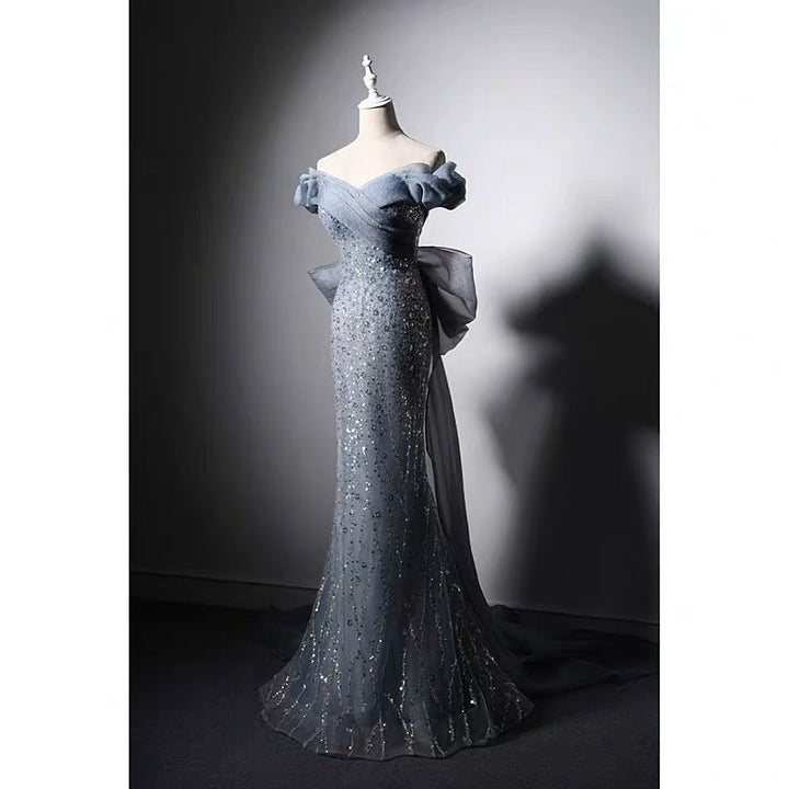 Luxury Blue Off-shoulder Beaded Mermaid Formal Dress With Sequins - Evening Gown Plus Size - WonderlandByLilian