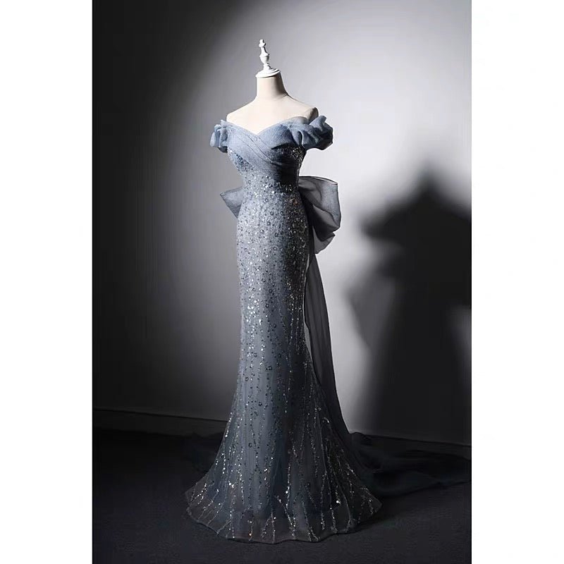 Luxury Blue Off-shoulder Beaded Mermaid Formal Dress With Sequins - Ev WonderlandByLilian Luxury Blue Off-shoulder Beaded Mermaid Formal Dress With Sequins - Ev WonderlandByLilian