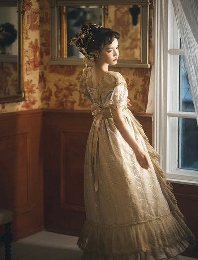 Luxury Empire Waist Gold Ball Gown Regency Era dress with Lace Rose Embroidery - Jane Austin Plus Size - WonderlandByLilian