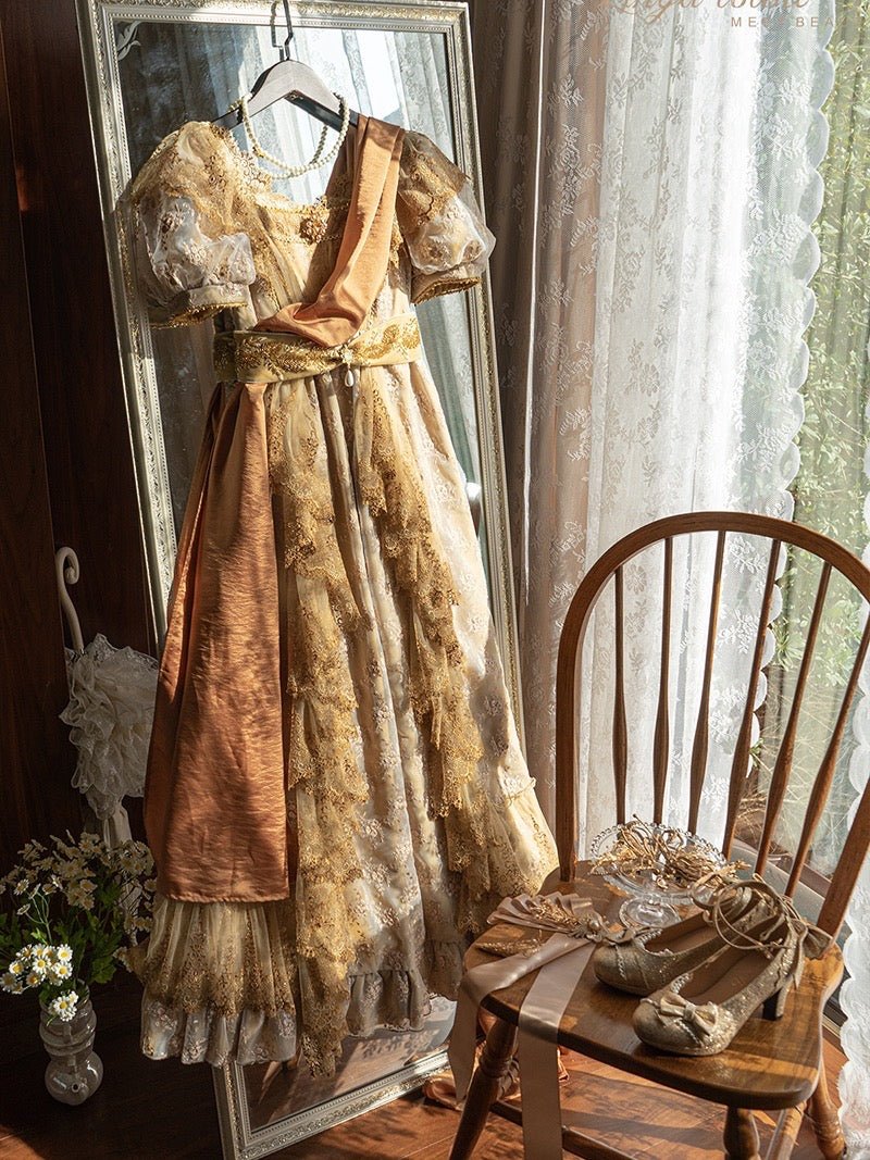 Luxury Empire Waist Gold Ball Gown Regency Era dress with Lace Rose Embroidery - Jane Austin Plus Size - WonderlandByLilian