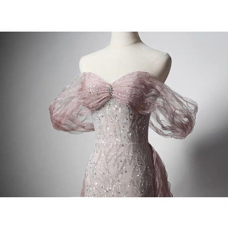 pink and grey prom dresses Zapaka Women A-line V-neck Grey Pink Slit Tulle Prom Dress, Grey Pink / US6