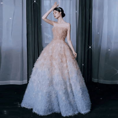 Luxury Fairy Sequins Prom Dress - Pink And Blue Ombre Formal Dress With Feather Plus Size - WonderlandByLilian