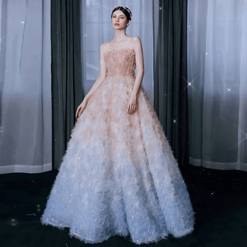 Luxury Fairy Sequins Prom Dress - Pink And Blue Ombre Formal Dress With Feather Plus Size - WonderlandByLilian