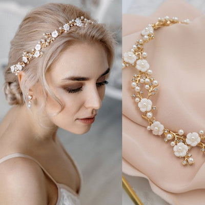 Luxury Floral Water Diamond and Pearl with White Flower Sparkling Rhinestone Headpiece - WonderlandByLilian