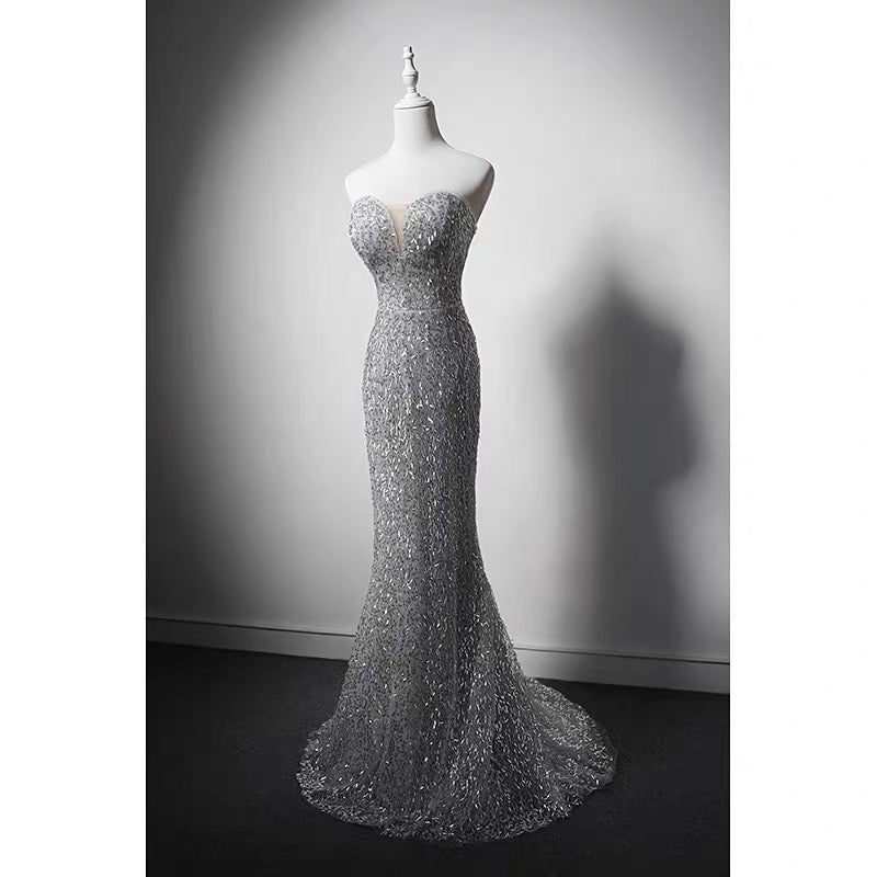 Luxury Grey Beaded Mermaid Formal Dress with Feather Shawl - Plus Size Size 4 / Gray Luxury Grey Beaded Mermaid Formal Dress with Feather Shawl - Plus Size Size 4 / Gray