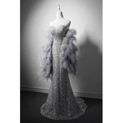 Luxury Grey Beaded Mermaid Formal Dress With Feather Shawl - Plus Size - WonderlandByLilian