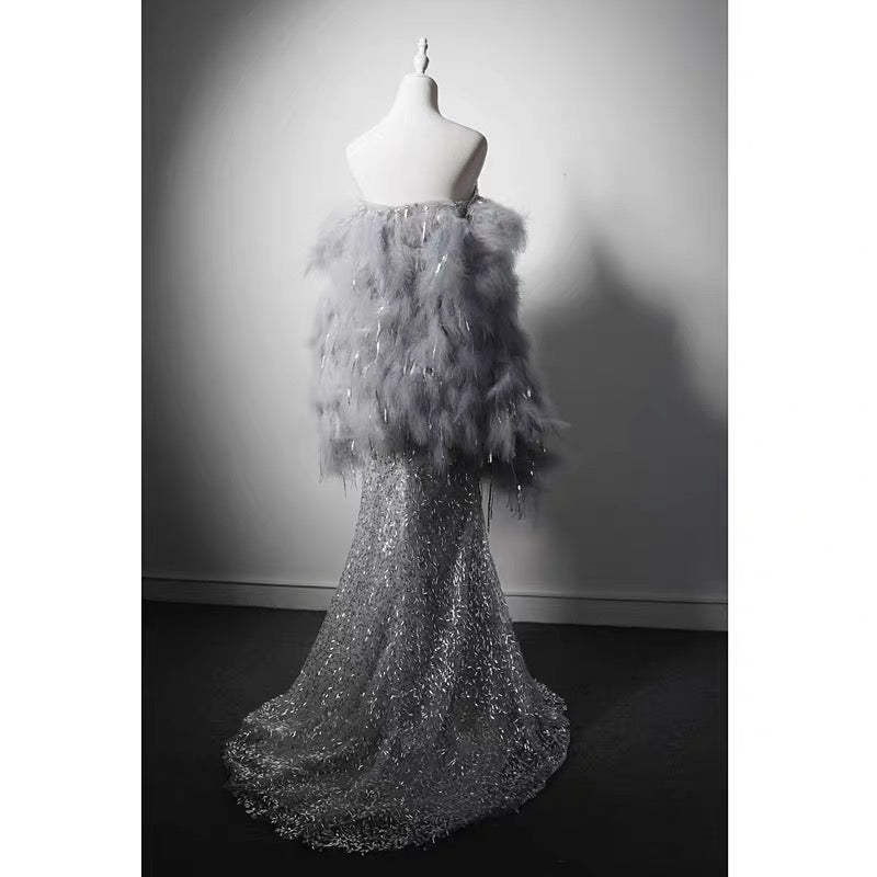 Luxury Grey Beaded Mermaid Formal Dress With Feather Shawl - Plus Size - WonderlandByLilian