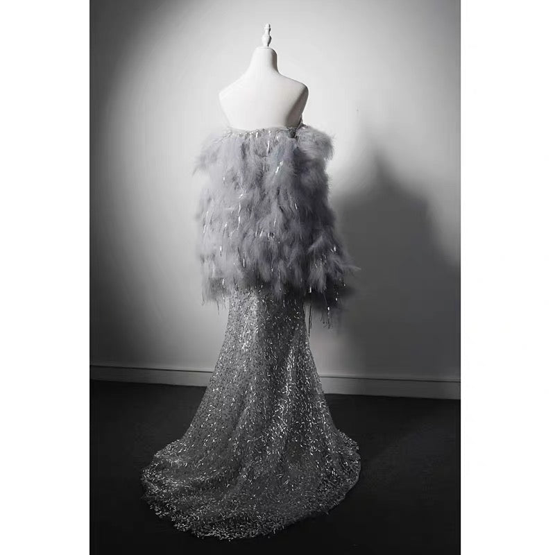 Luxury Grey Beaded Mermaid Formal Dress With Feather Shawl - Plus Size Luxury Grey Beaded Mermaid Formal Dress With Feather Shawl - Plus Size