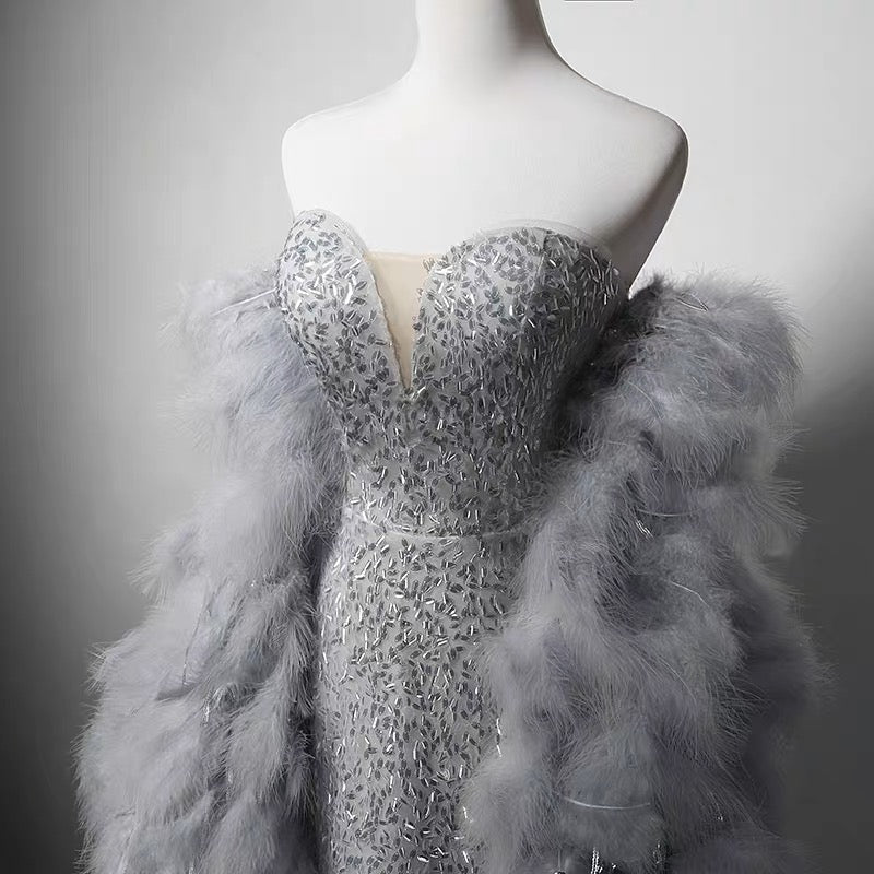Luxury Grey Beaded Mermaid Formal Dress With Feather Shawl - Plus Size Size 16 / Gray Luxury Grey Beaded Mermaid Formal Dress With Feather Shawl - Plus Size Size 16 / Gray