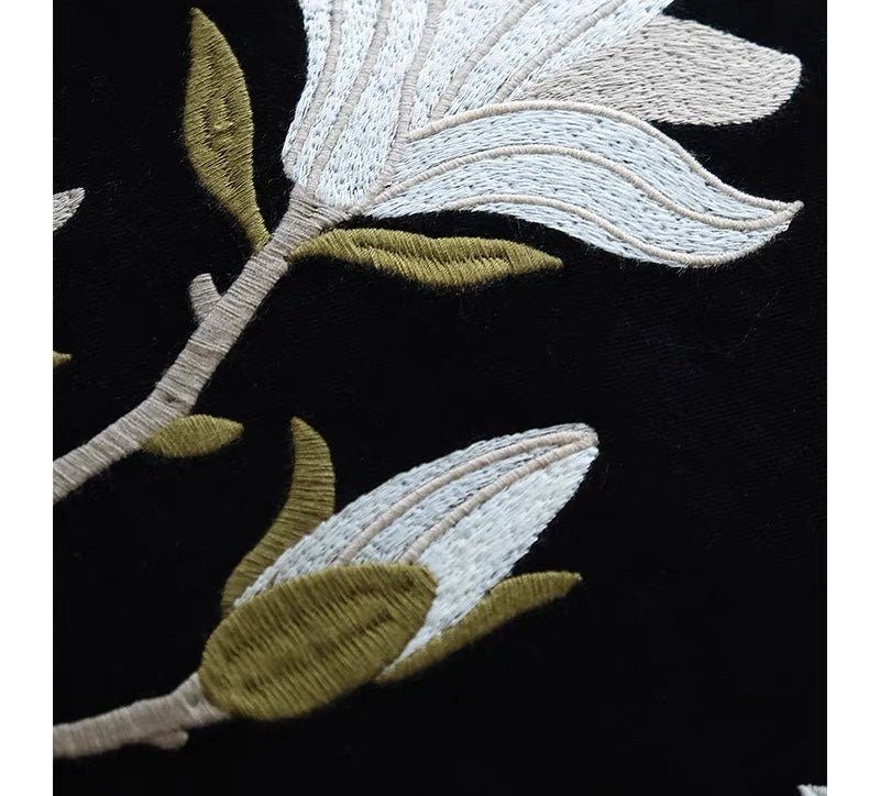 Mangnolia Velvet Embroidery Pillow - Oriental Aesthetics Back Cushion - WonderlandByLilian