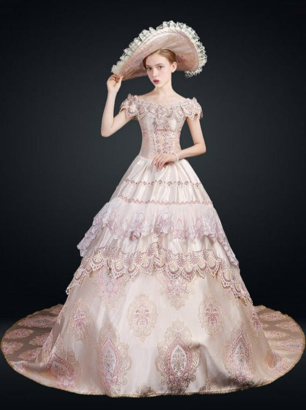 Marie Antoinette Pink Gown - Queen Charlotte Inspired Pink Lace Embroidery Court Gown Plus Size - WonderlandByLilian