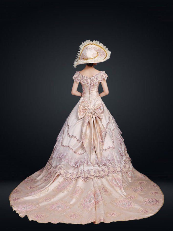 Marie Antoinette Pink Gown - Queen Charlotte Inspired Pink Lace Embroidery Court Gown Plus Size - WonderlandByLilian