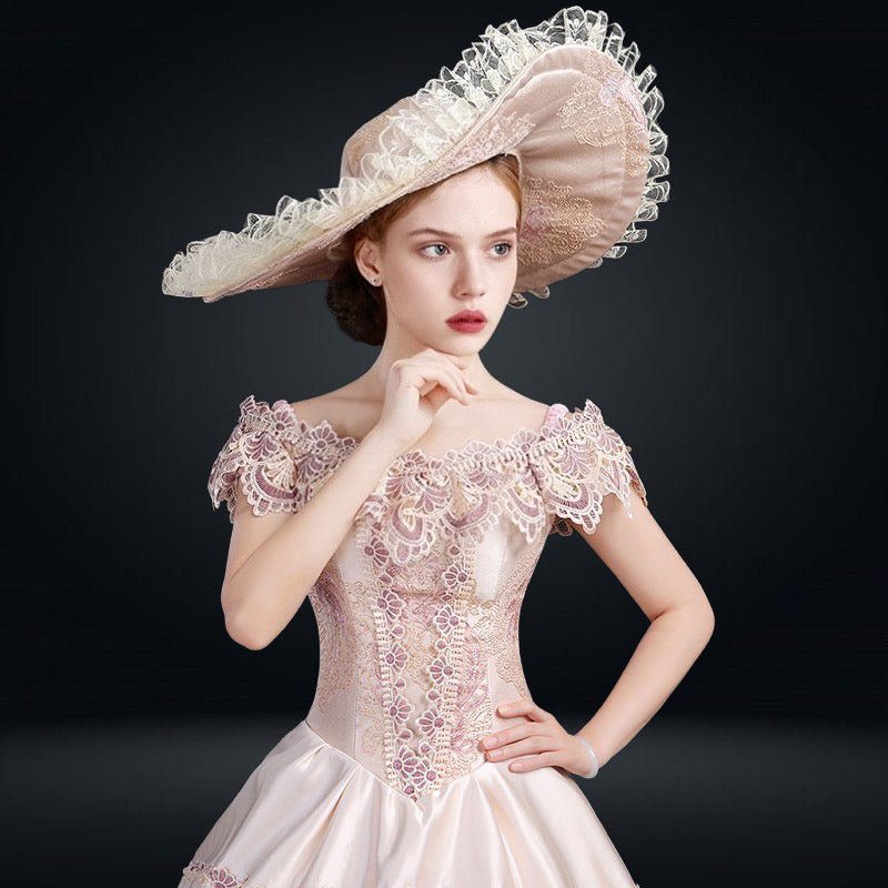 Marie Antoinette Pink Gown - Queen Charlotte Inspired Pink Lace Embroidery Court Gown Plus Size - WonderlandByLilian