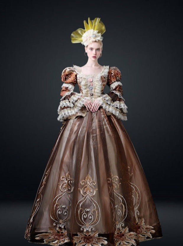 Medieval-inspired Taupe Lace Embroidered Marie Antoinette dress Plus Size - WonderlandByLilian