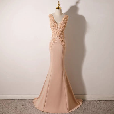 Mermaid Beading Pink Floral Embroidered V-line Prom Dress Party Dress Evening Wear - WonderlandByLilian