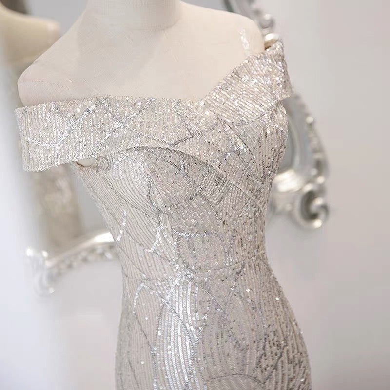 Mermaid Off Shoulder Sequins Lace Silver Prom Dress Party Dress Evening Wear - WonderlandByLilian