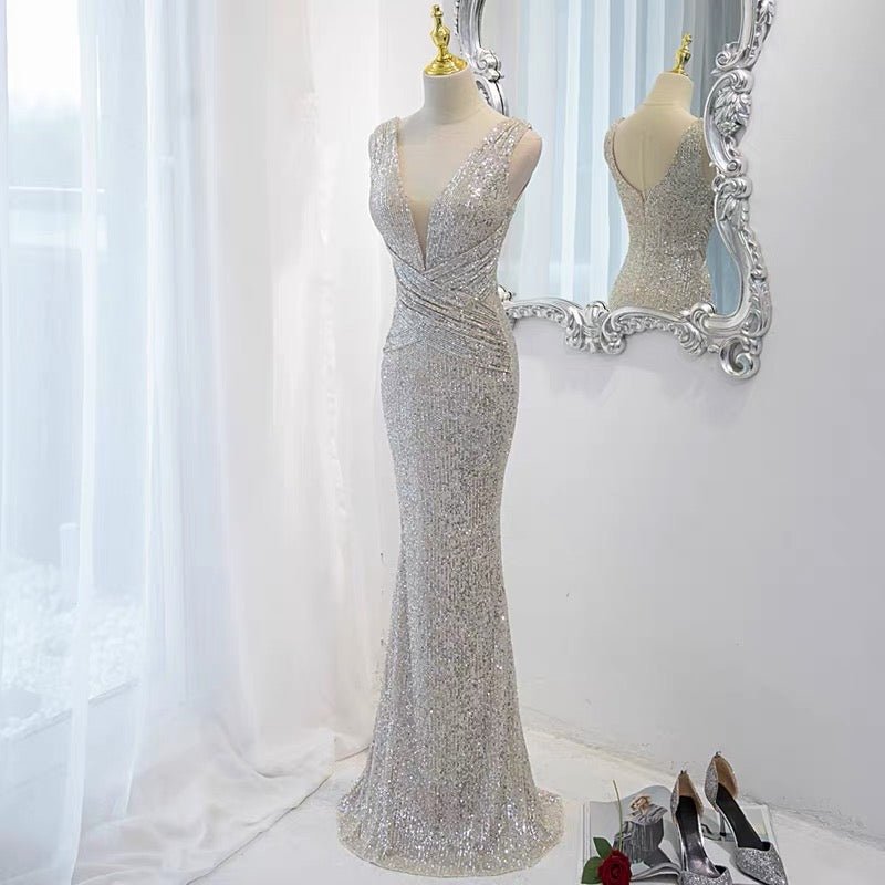 Mermaid Sequins Lace Silver Prom Dress Party Dress Evening Wear - WonderlandByLilian