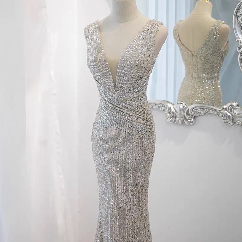 Mermaid Sequins Lace Silver Prom Dress Party Dress Evening Wear - WonderlandByLilian